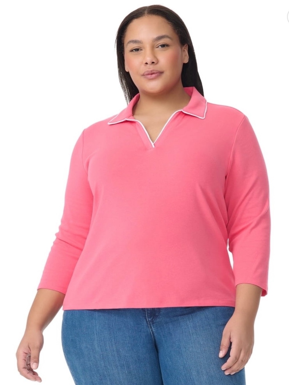 Gloria Vanderbilt Amanda Women’s Collared Pink V-Neck Polo Top w White Trim NWT